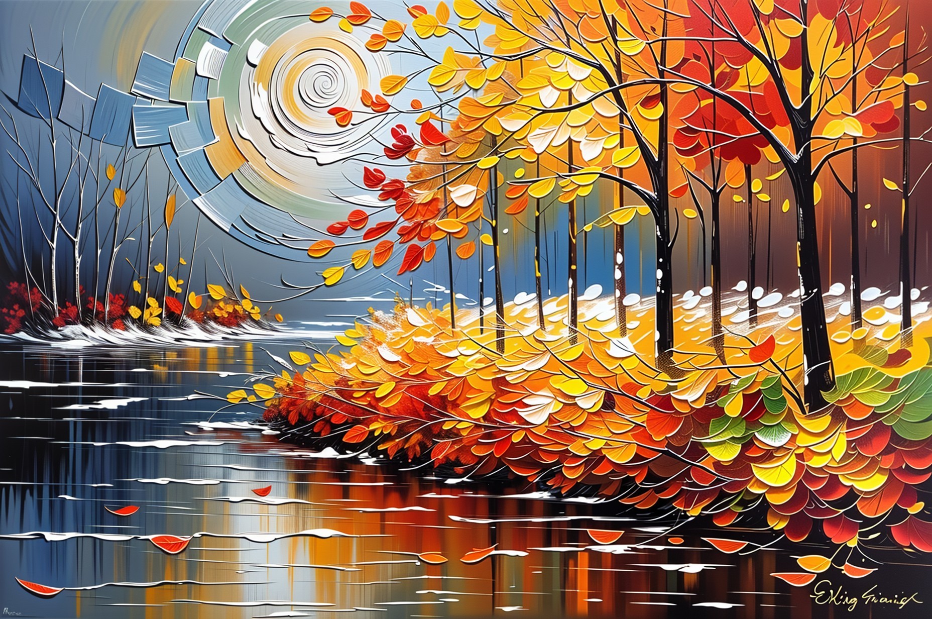 Vibrant Autumn Landscape with Flowing Water and Trees