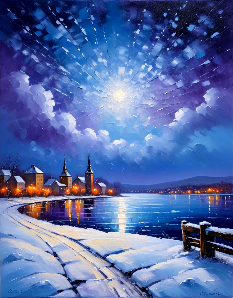 Serene Winter Landscape with Moonlit Lake and Snow