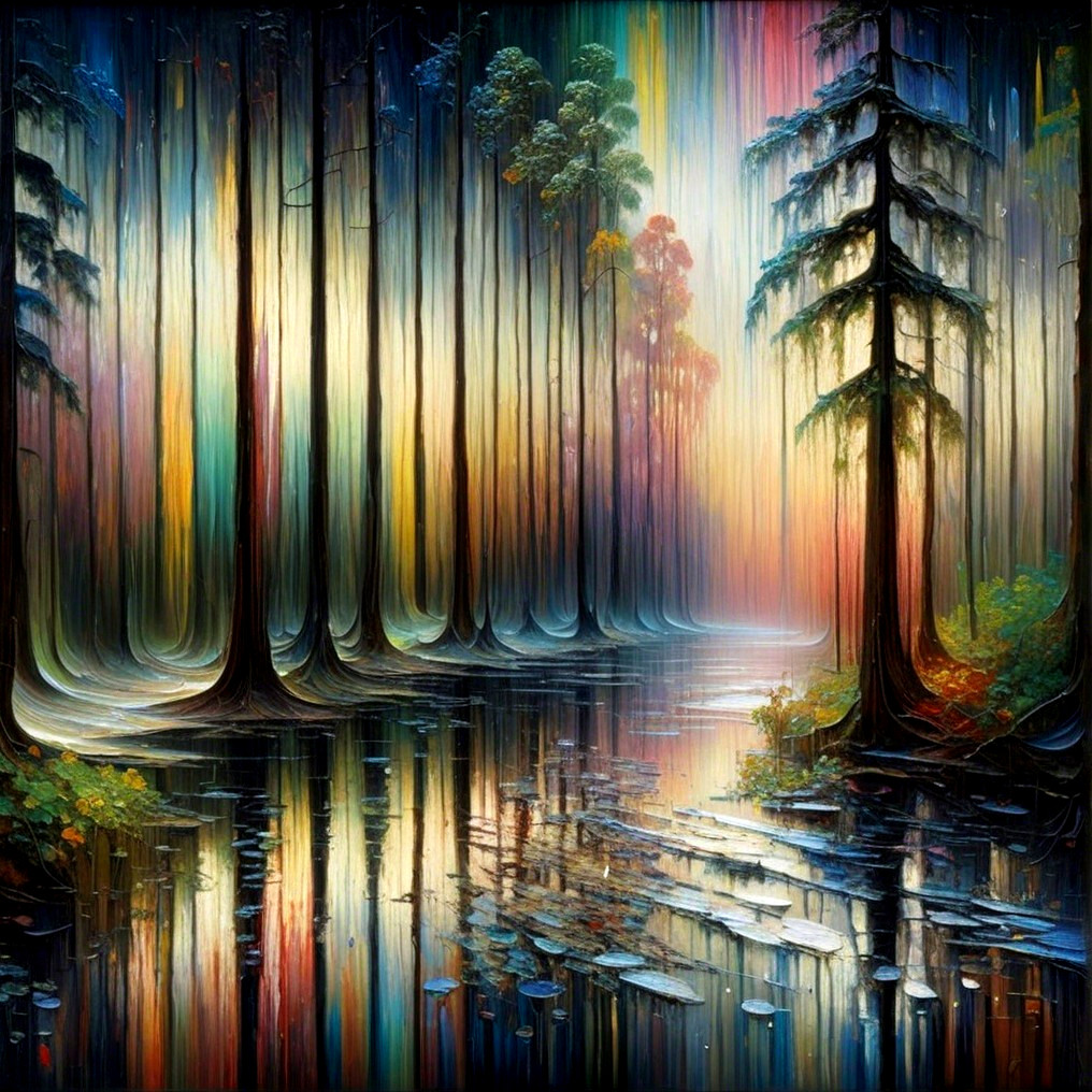 Serene forest scene with vibrant colors and reflections
