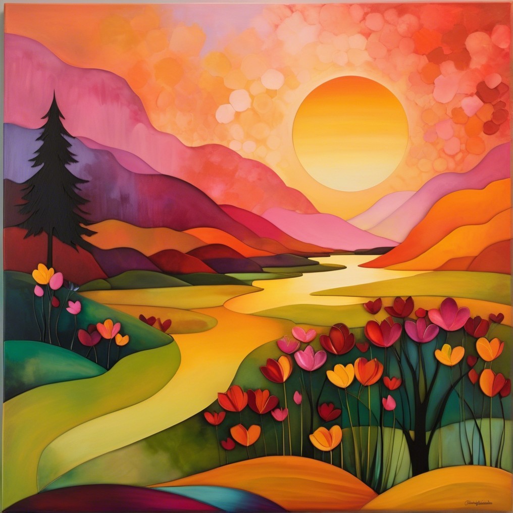 Vibrant Landscape with Sunset, River, and Flowers