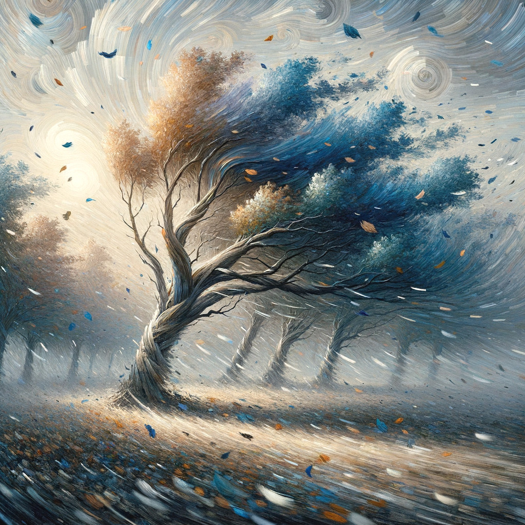 Surreal Landscape with Twisting Tree and Hazy Atmosphere