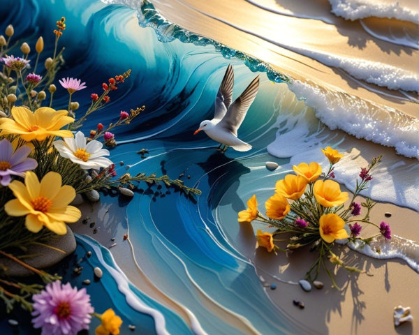 Vibrant Seascape with Waves and Coastal Flowers