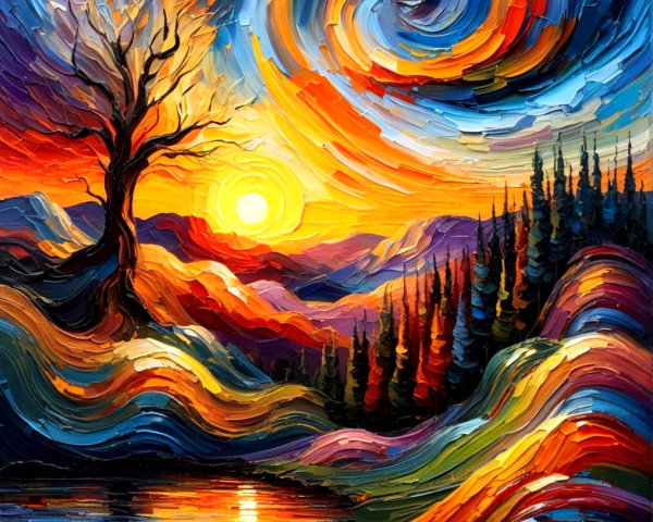 Vibrant Sunset with Tree and Reflective Water Scene