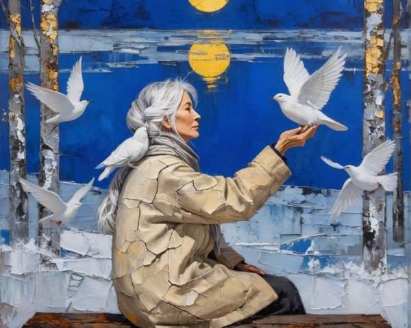 Winter Scene with Woman, Birds, and Tranquil Lake