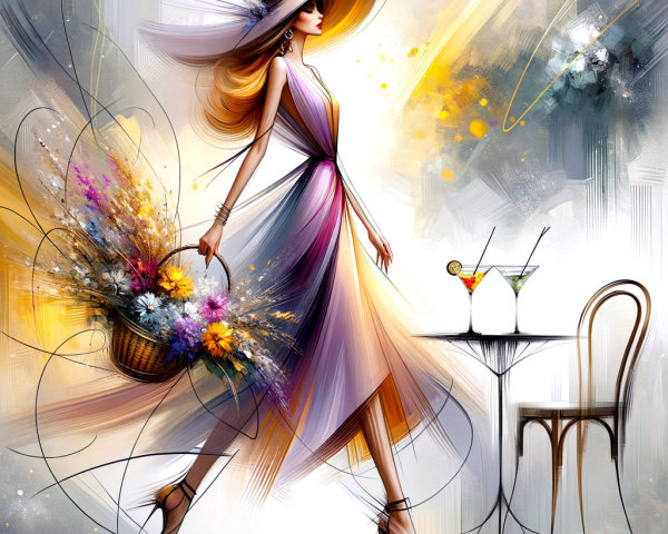 Chic Woman in Purple Dress with Flowers and Cocktails