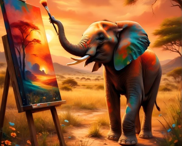 Colorful Elephant Painting a Sunset Landscape Scene