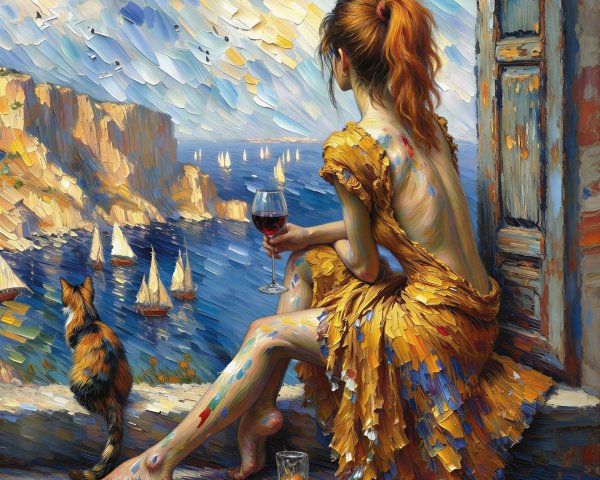 Impressionistic Scene of Woman in Golden Dress by Sea