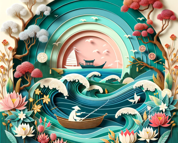 Vibrant Paper Art of a Serene Fishing Landscape