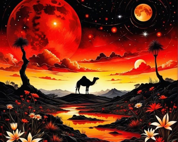 Surreal Landscape with Celestial Sky and Camel