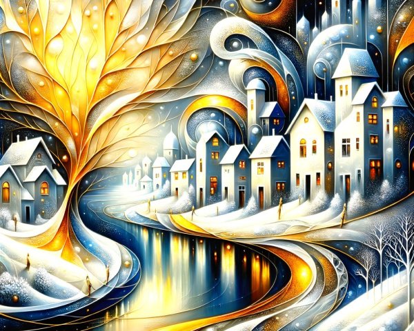 Vibrant Winter Scene with Snowy Landscape and River