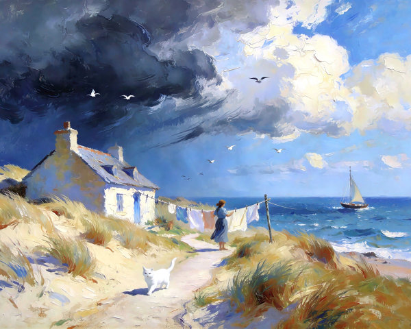 Impressionistic painting of a woman by the ocean