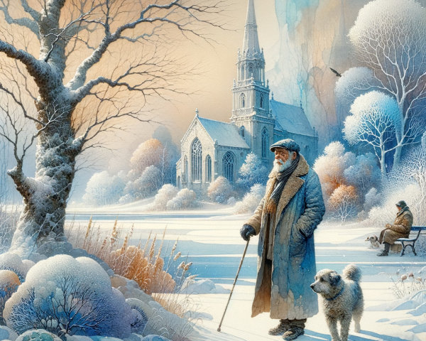Elderly Man and Dog in Serene Winter Landscape