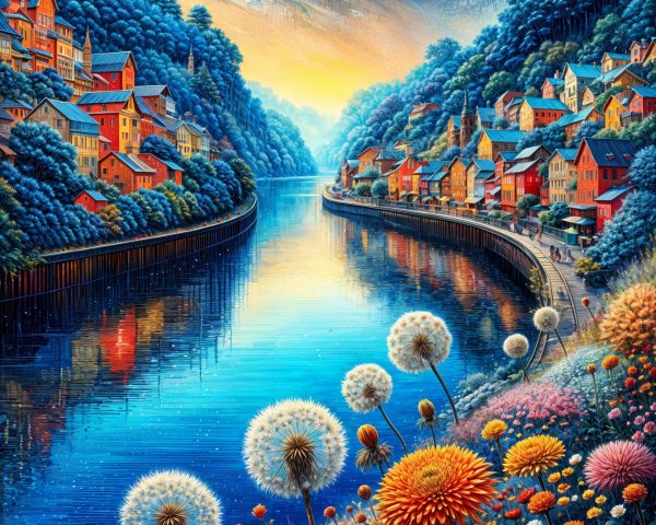 Serene riverside village with vibrant natural scenery