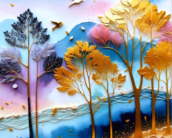Vibrant Landscape with Stylized Trees and Gradient Sky