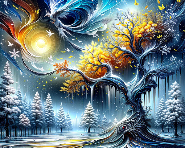 Surreal Landscape with Autumn Tree and Snowy Mountains