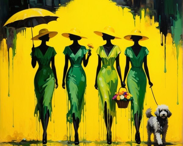 Stylish Figures in Green Dresses on Yellow Background