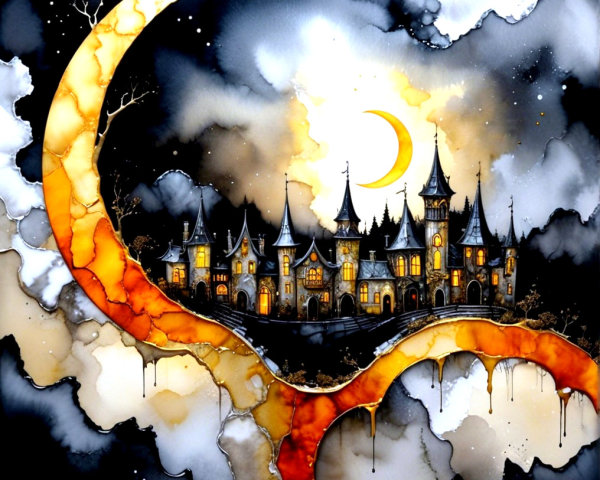 Whimsical Castle Silhouette Amid Ethereal Clouds