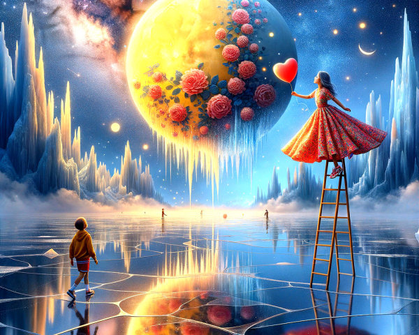Surreal Landscape with Moon, Roses, and Reflections
