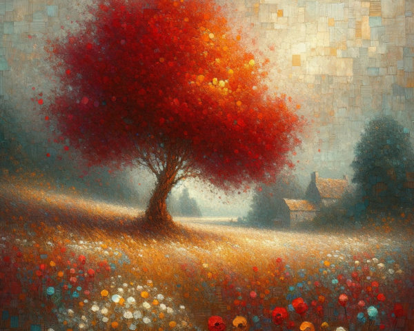 Vibrant Autumn Landscape with Red Tree and Cottage