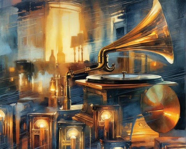 Vintage gramophone with brass horn in cozy setting