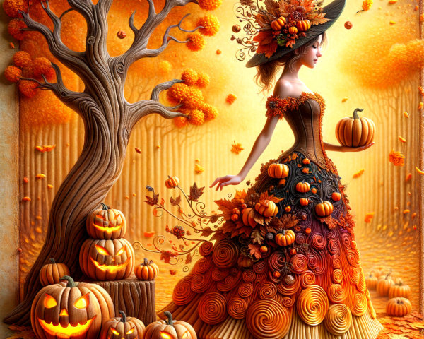 Whimsical Autumn Scene with Gown and Jack-o'-Lanterns