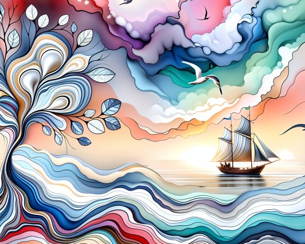 Vibrant Abstract Landscape with Ship and Stylized Tree