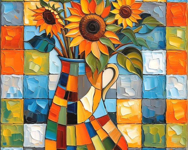 Vibrant Still Life of Sunflowers in Ceramic Vase