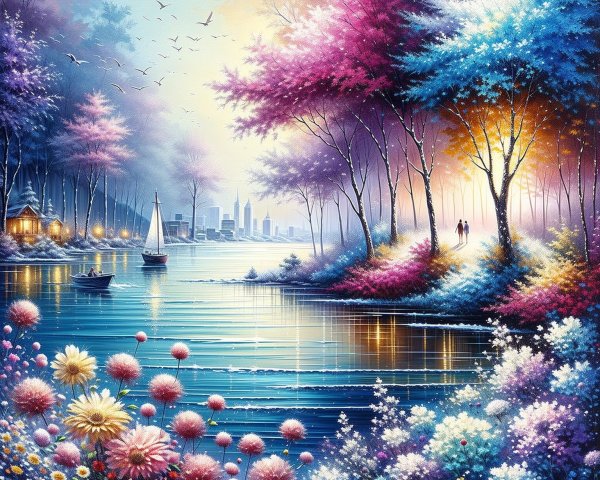 Vibrant Lake Landscape with Sailboat and City Skyline