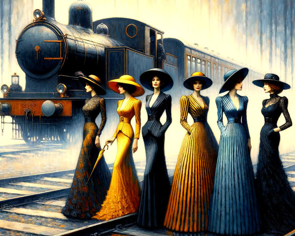Elegant Vintage Attire with Steam Locomotive Background