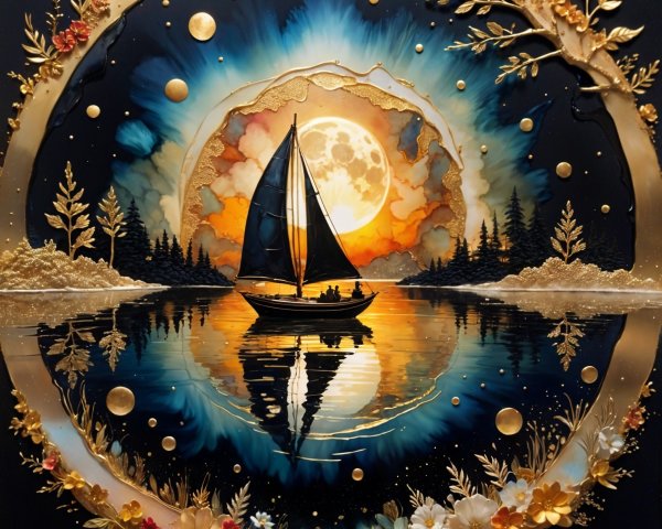 Sailboat on Calm Lake at Vibrant Sunset Reflection