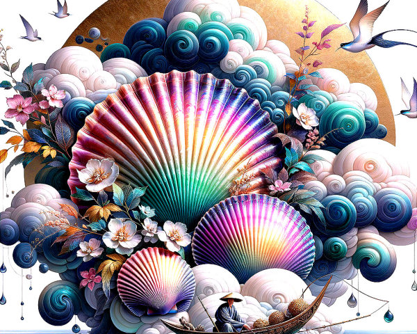 Vibrant Surreal Landscape with Seashells and Clouds
