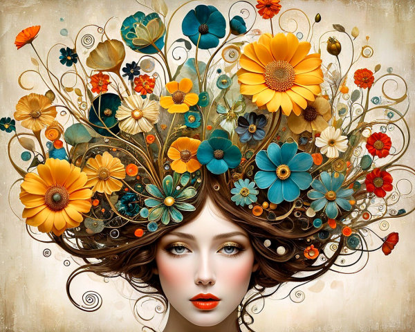 Whimsical Portrait of a Woman in Floral Garden