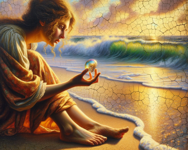 Reflective Woman at Shore with Shimmering Orb