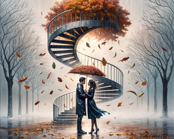 Couple on Spiral Staircase Surrounded by Autumn Leaves