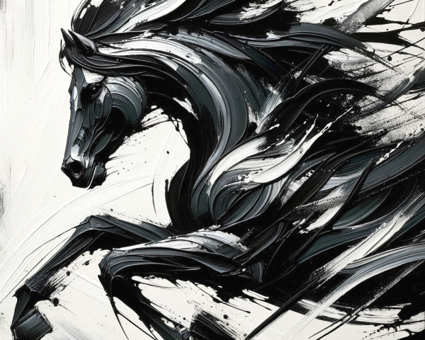 Abstract Painting of a Galloping Horse in Black and White
