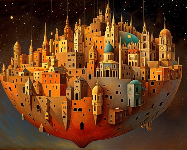 Floating City with Diverse Architecture in a Starry Sky