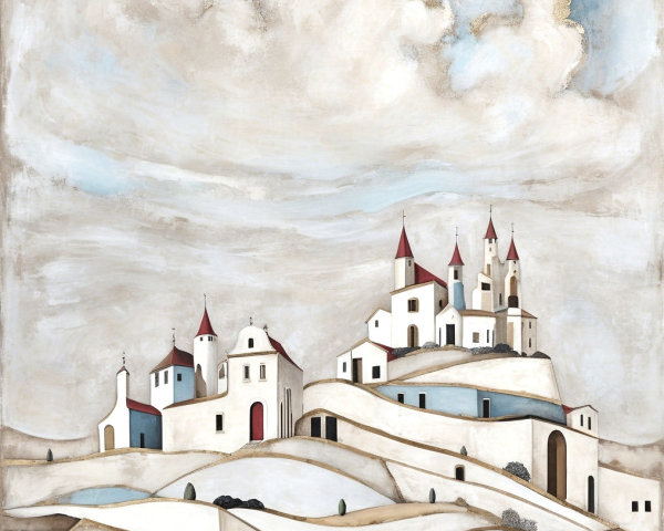 Serene Landscape with Stylized White Buildings and Hills