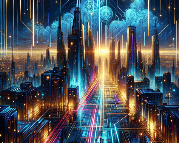 Futuristic cityscape with glowing skyscrapers and pathways