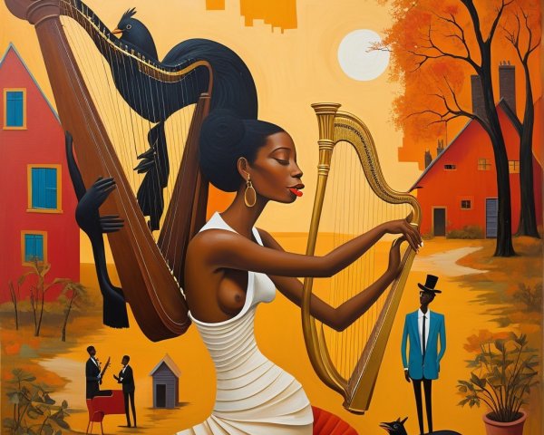 Stylized Painting of a Woman Playing Two Harps