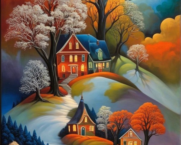 Whimsical Houses on Colorful Rolling Hills at Night