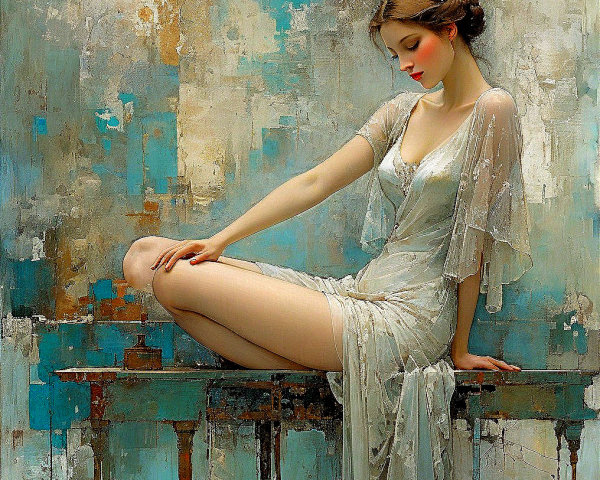 Serene Woman in White Gown on Rustic Table