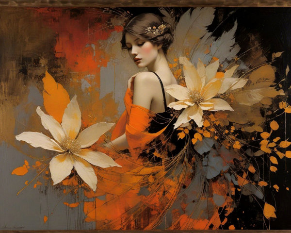 Elegant Woman with Floral Accents in Abstract Art