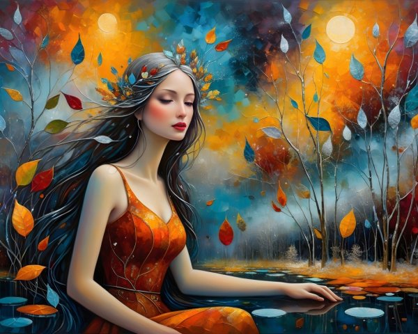 Serene Woman in Autumn Landscape with Moonlight