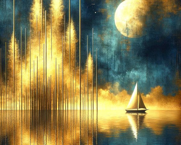 Sailboat on Water Under Moonlit Sky and Golden Beams