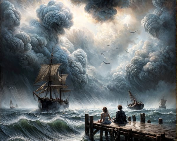 Children on Pier Overlooking Tumultuous Sea and Ships