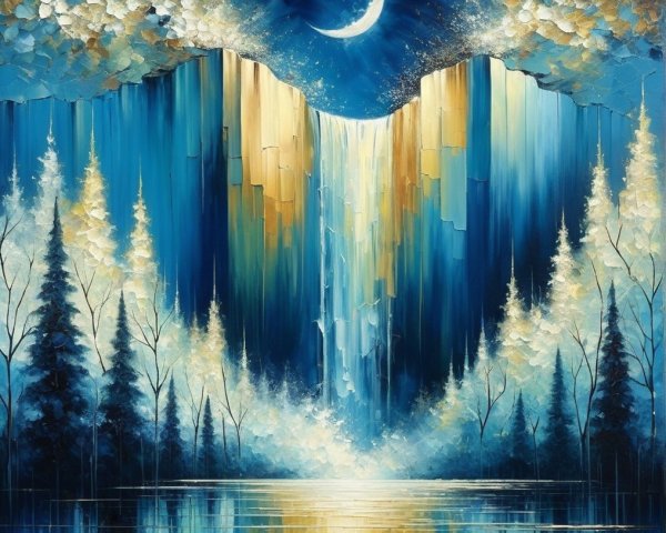 Serene Landscape with Majestic Waterfall and Moonlight