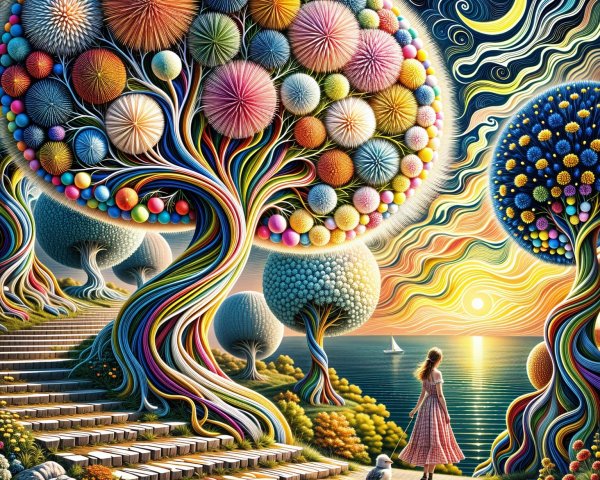 Surreal Landscape with Vibrant Trees and Ocean View