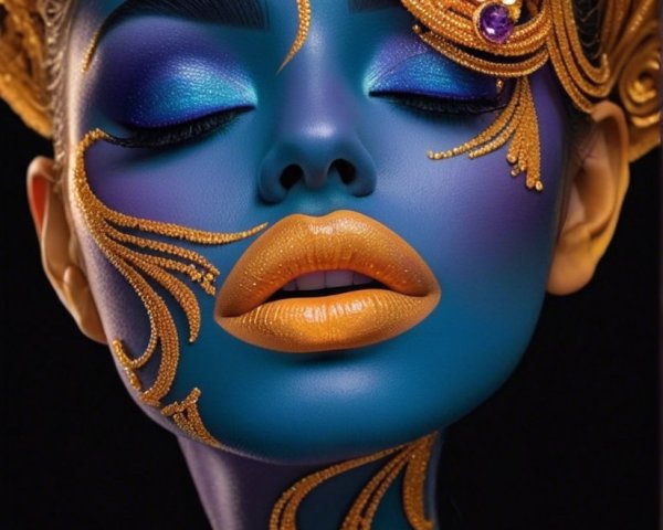 Beauty Portrait of Model with Blue Skin and Embellishments