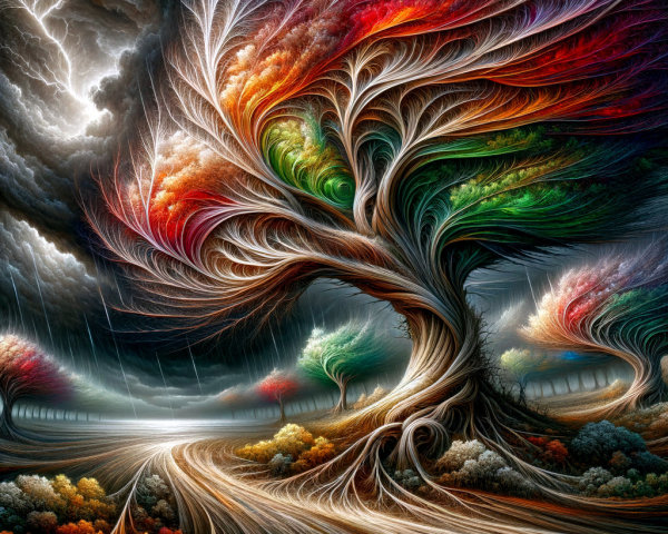 Vibrant Fractal Landscape with Colorful Trees and Storms