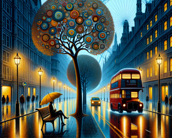Surreal city street with whimsical tree and rain effects